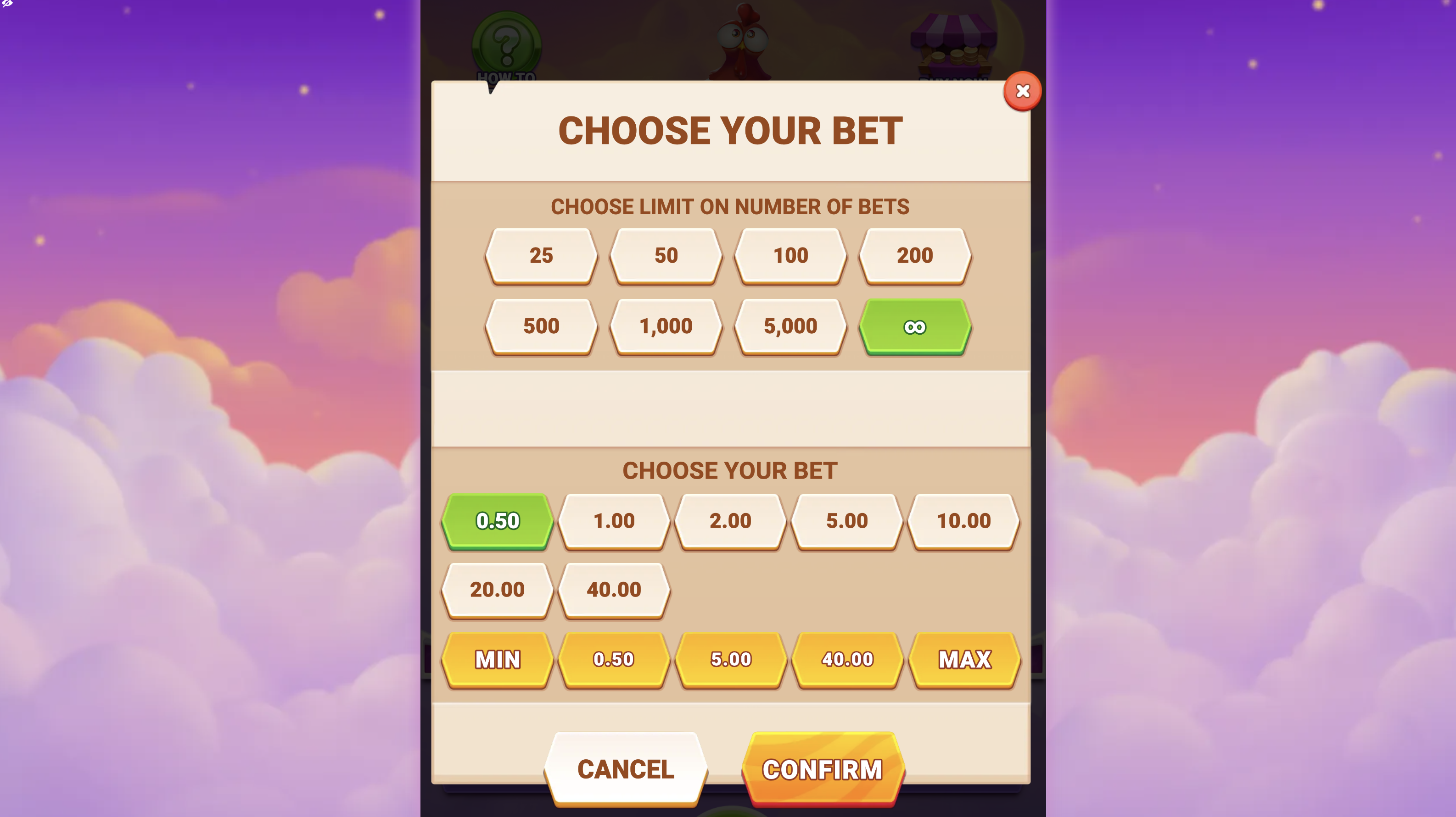 Chicken Plinko bet menu from 0.50 to 40.00 EUR and the maximum payout limit screen