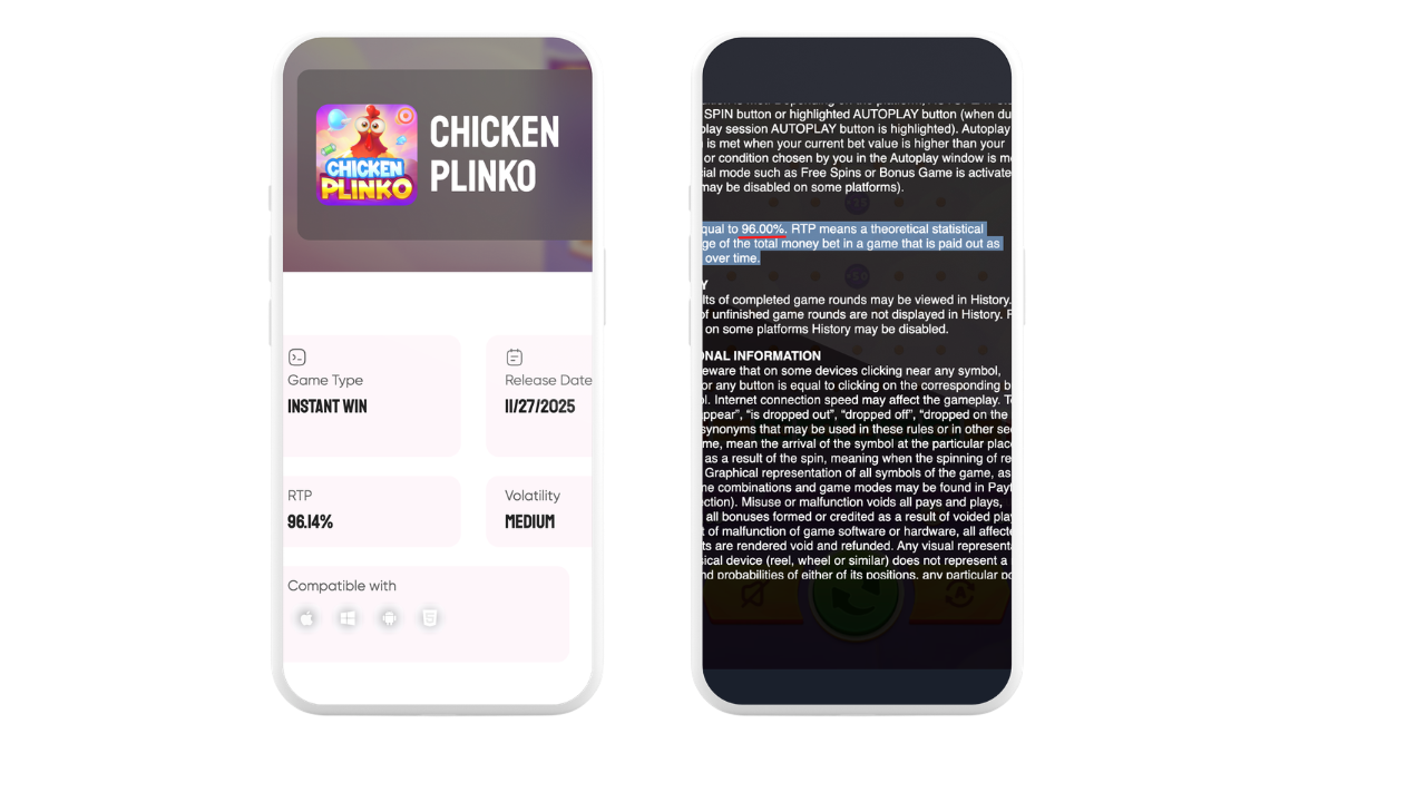 Chicken Plinko info screen confirming the 96.14% RTP and 76.67% hit rate