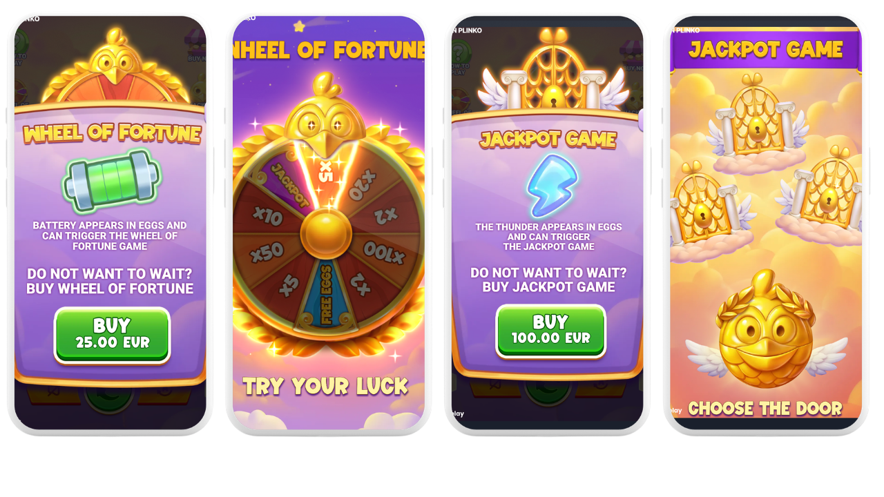 Chicken Plinko Wheel of Fortune and Jackpot Game bonuses — 2x to 100x wheel sectors and picking one of three baskets for the 1000x top win